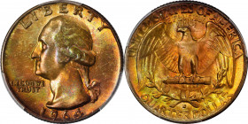 1964-D Washington Quarter. MS-68 (PCGS).
Vivid multicolored toning blankets both sides in well blended shades of rose-red, antique gold, reddish-bron...