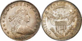 1806 Draped Bust Half Dollar. O-106, T-4. Rarity-3. Knobbed 6, Small Stars. AU-58 (PCGS). CAC.
A lovely example of both the type and die pairing, bot...