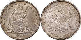 1872-CC Liberty Seated Half Dollar. WB-1. Rarity-4. AU-58+ (NGC).
A well struck specimen with nearly full mint luster and pearl-gray surfaces that di...