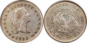 1795 Flowing Hair Silver Dollar. BB-27, B-5. Rarity-1. Three Leaves. AU-50 (PCGS).
This coin offers superior definition and strong eye appeal for a p...
