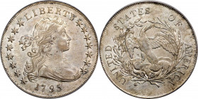 1795 Draped Bust Silver Dollar. BB-52, B-15. Rarity-2. Centered Bust. AU-55 (PCGS).
A lively, exceptionally lustrous example of both the type and die...