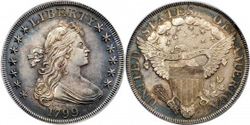 1799 Draped Bust Silver Dollar. BB-156, B-7a. Rarity-4. AU-58 (PCGS).
Really a lovely example of both the type and issue, this BB-156 dollar is perip...