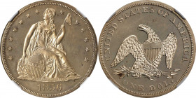1856 Liberty Seated Silver Dollar. OC-P1. Rarity-5+. Proof-64 (NGC).
A flashy example with satiny design elements and lightly reflective fields. Shar...