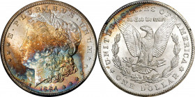 1884-CC GSA Morgan Silver Dollar. MS-67+ (NGC). CAC.
A dazzling array of vivid multicolored bag toning greets the viewer from the obverse of this stu...