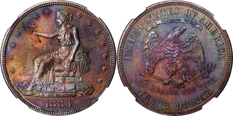 1883 Trade Dollar. Proof-67 (NGC).
Exquisite surfaces feature an unusually vivi...