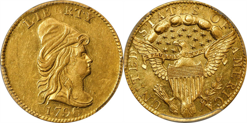 1796 Capped Bust Right Quarter Eagle. No Stars on Obverse. BD-2. Rarity-4. AU-58...