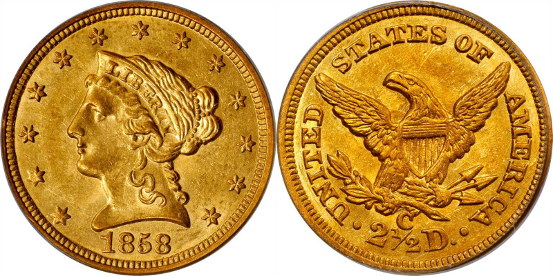 1858-C Liberty Head Quarter Eagle. Winter-1, the only known dies. MS-62 (PCGS)....