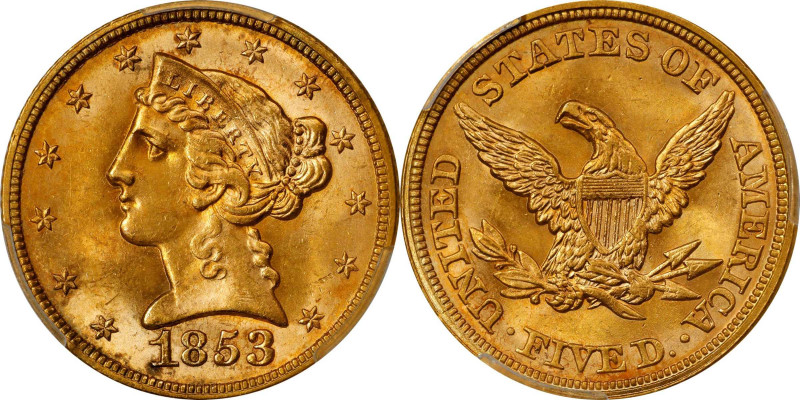 1853 Liberty Head Half Eagle. MS-64 (PCGS). CAC.
Glints of reddish-rose iridesc...