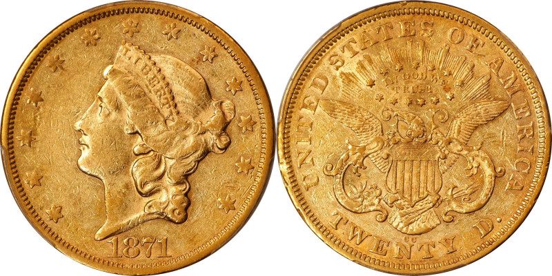 1871-CC Liberty Head Double Eagle. AU-50 (PCGS).
A lustrous and vivid example o...