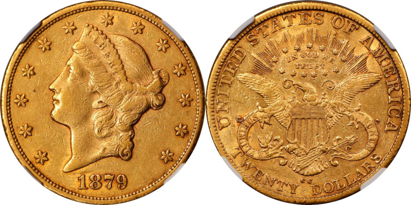 1879-CC Liberty Head Double Eagle. AU-50 (NGC).
Warm honey-orange color, both s...