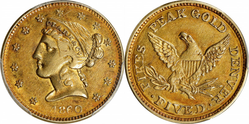 1860 Clark, Gruber & Co. $5. K-2. Rarity-4. AU-50 (PCGS).
A bold and partially ...