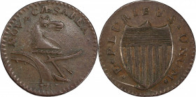 1787 New Jersey Copper. Maris 6-D, W-5050. Rarity-2. Double Coulter, M-Shaped Ears. EF-45 (PCGS).
145.7 grains. 29.4 mm. A well-provenanced example o...