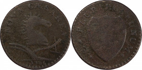 1786 New Jersey Copper. Maris 11.5-G, W-4785. Rarity-6+. No Coulter. Fine Details--Environmental Damage (PCGS).
129.3 grains. 27.9 mm. Dies rotated 1...