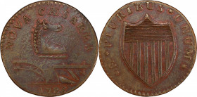 1786 New Jersey Copper. Maris 14-J, W-4810. Rarity-1. Straight Plow Beam, Stegosaurus Head. MS-62 BN (PCGS).
An exceptionally high grade specimen, ev...