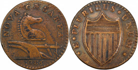 1786 New Jersey Copper. Maris 15-T, W-4825. Rarity-3. Straight Plow Beam, Leaning Head. VF Details--Cleaned (PCGS).
144.0 grains. 27.5 mm. Reverse al...