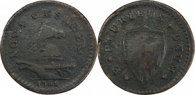 1786 New Jersey Copper. Maris 17-K, W-4865. Rarity-3. Straight Plow Beam. VF Details--Environmental Damage (PCGS).
137.8 grains. 30.4 mm. Deep gray-b...