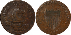 1786 New Jersey Copper. Maris 17-b, W-4870. Rarity-3. Small Planchet. PLUKIBUS. EF-40 (PCGS).
150.5 grains. 27.0 mm. Glossy medium brown with superb ...