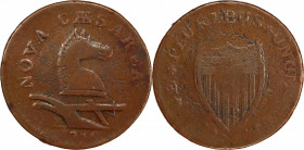 1786 New Jersey Copper. Maris 17-b, W-4870. Rarity-3. Large Planchet. PLUKIBUS--Overstruck on a 1783 Nova Constellatio Copper, Crosby 2-B--Fine-15 (PC...