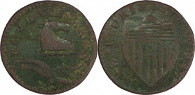 1786 New Jersey Copper. Maris 18-J, W-4875. Rarity-5. Bridle. VF Details--Environmental Damage (PCGS).
143.7 grains. 27.7 mm. A high grade grounder, ...