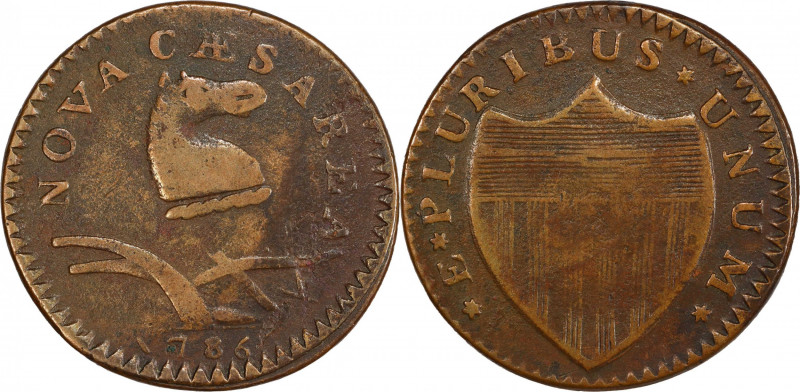 1786 New Jersey Copper. Maris 19-M, W-4900. Rarity-5. Wide Shield, Drunken Die C...