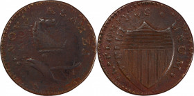 1786 New Jersey Copper. Maris 20-N, W-4905. Rarity-4. Wide Shield, Drunken Die Cutter--Double Struck--VF-30 (PCGS).
154.7 grains. 28.5 mm. Acquired f...