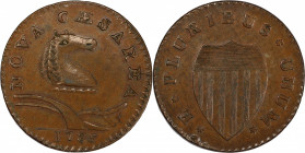 1786 New Jersey Copper. Maris 21-P, W-4920. Rarity-5. Narrow Shield, Curved Plow Beam. MS-62 BN (PCGS).
158.6 grains. 28.0 mm. Glossy, lustrous and b...