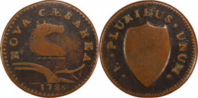 1786 New Jersey Copper. Maris 21-R, W-4925. Rarity-7-. Narrow Shield, Curved Plow Beam. Fine-12 (PCGS).
143.8 grains. 28.0 mm. From our November 2019...