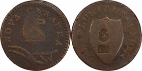 1786 New Jersey Copper. Maris 23-R, W-4945. Rarity-3. Narrow Shield, Curved Plow Beam--Counterstamped (Bird Head) / AB--VG-8 (PCGS).
137.0 grains. An...