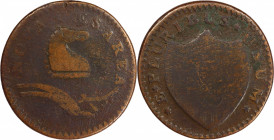 1786 New Jersey Copper. Maris 24-M, W-4960. Rarity-7+. Wide Shield. VG-10 (PCGS).
134.7 grains. 28.5 mm. Since its discovery in 1969, just six exampl...