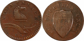 1786 New Jersey Copper. Maris 24-R, W-4975. Rarity-5. Narrow Shield, Curved Plow Beam. VF-35 BN (PCGS).
149.8 grains. 27.9 mm. A sharp and appealing ...