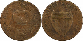 1786 New Jersey Copper. Maris 25-S, W-4980. Rarity-5. Straight Plow Beam, Eye in Neck. VG-10 (PCGS).
155.3 grains. 28.2 mm. Reverse aligned slightly ...