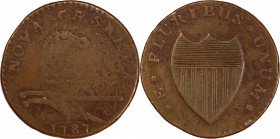 1787 New Jersey Copper. Maris 27-S, W-5055. Rarity-5-. Small Planchet, Plain Shield. VF-25 (PCGS).
149.5 grains. 28.1 mm. Reverse aligned roughly 20&...