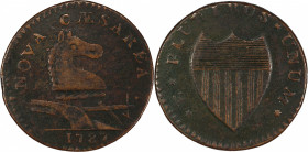 1787 New Jersey Copper. Maris 28-S, W-5070. Rarity-4. Outlined Shield. VF-30 (PCGS).
146.4 grains. 28.5 mm. Reverse aligned roughly 20&deg; clockwise...