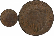 1787 New Jersey Copper. Maris 29-L, W-5075. Rarity-4. Outlined Shield. VF Details--Environmental Damage (PCGS).
142.9 grains. 27.6 mm. Dark olive wit...