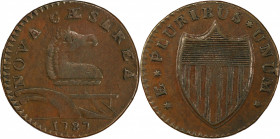 1787 New Jersey Copper. Maris 30-L, W-5090. Rarity-4. Outlined Shield. AU-53 (PCGS).
149.7 grains. 27.7 mm. An old friend, acquired from our 2013 Ted...