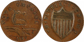 1787 New Jersey Copper. Maris 32-T, W-5100. Rarity-2. Outlined Shield. AU-50 (PCGS).
135.8 grains. 28.2 mm. A sharp and well pedigreed example of the...