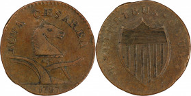 1787 New Jersey Copper. Maris 34-J, W-5115. Rarity-3. Deer Head--Overstruck on a 1787 Connecticut Copper--AU-50 (PCGS).
139.9 grains. 29.0 mm. Revers...