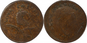 1787 New Jersey Copper. Maris 34-V, W-5120. Rarity-6-. Deer Head--Overstruck on a 1787 New Jersey Copper, Maris 35-J--VF-20 (PCGS).
161.4 grains. 30....