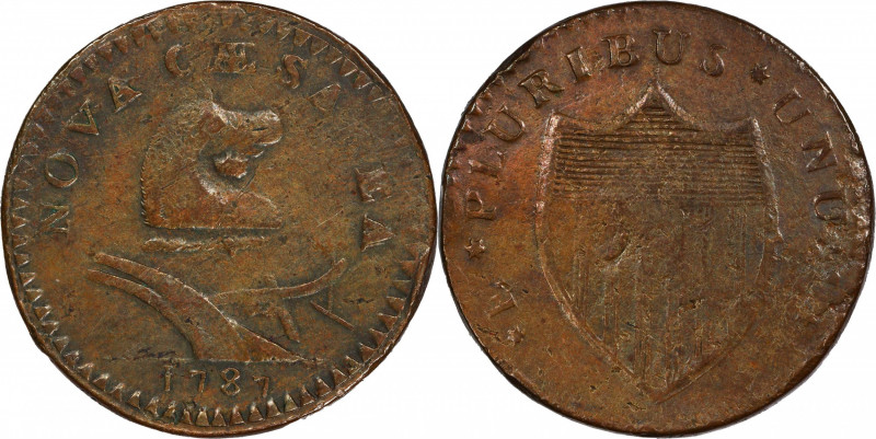 1787 New Jersey Copper. Maris 37-J, W-5140. Rarity-5+. Outlined Shield, Goiter. ...