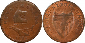 1787 New Jersey Copper. Maris 37-f, W-5155. Rarity-4. Outlined Shield, Goiter. VF Details--Cleaned (PCGS).
162.5 grains. 28.9 mm. From our 2013 sale ...