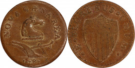 1787 New Jersey Copper. Maris 38-Y, W-5170. Rarity-3. Outlined Shield, Small Head. MS-64 (PCGS).
149.5 grains. 27.3 mm. Reverse aligned slightly coun...