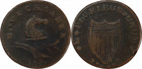 1787 New Jersey Copper. Maris 38-b, W-5185. Rarity-6+. Outlined Shield, Small Head, PLUKIBUS. Fine Details--Environmental Damage (PCGS).
132.5 grains...