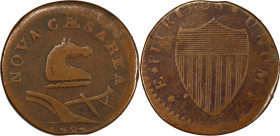 1787 New Jersey Copper. Maris 38-c, W-5190. Rarity-3. Outlined Shield, Small Head. Fine-12 (PCGS).
147.1 grains. 27.3 mm. Light brown on the obverse,...