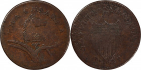 1787 New Jersey Copper. Maris 40-b, W-5200. Rarity-5+. Sprig Above Plow, Llama Head--Overstruck on a French 1780-H Sou--VF-30 (PCGS).
166.7 grains. 3...