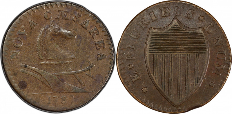 1787 New Jersey Copper. Maris 43-d, W-5225. Rarity-1. Outlined Shield, Bulbous N...