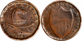 1787 New Jersey Copper. Maris 43-d, W-5225. Rarity-1. Outlined Shield, Bulbous Nose--Edge Lettered--Fine-12, uncertified.
152.9 grains. 26.0 mm. A ma...