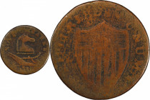 1787 New Jersey Copper. Maris 44-c, W-5230. Rarity-6+. Outlined Shield, Sleigh Runner. Fine Details--Environmental Damage (PCGS).
137.0 grains. 27.1 ...