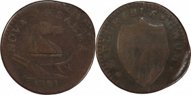 1787 New Jersey Copper. Maris 44-d, W-5235. Rarity-4. Outlined Shield, Sleigh Runner--Triple Struck with Partial Brockage--VG-10 (PCGS).
149.0 grains...