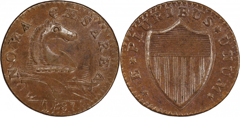 1787 New Jersey Copper. Maris 46-e, W-5250. Rarity-1. Outlined Shield, Clashed D...