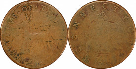 1737 Higley Copper. Freidus 1.3-A, W-8125. Rarity-7+. THE VALVE OF THREE PENCE / CONNECTICVT, 3 Hammers. VF-20 (PCGS).
119.9 grains. A wonderfully pl...